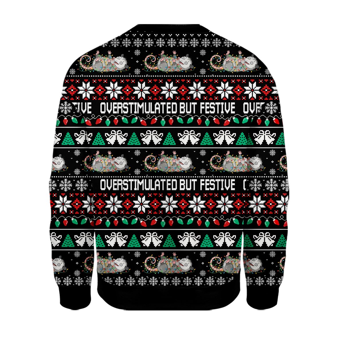 Alternate back view of the festive opossum ugly sweater