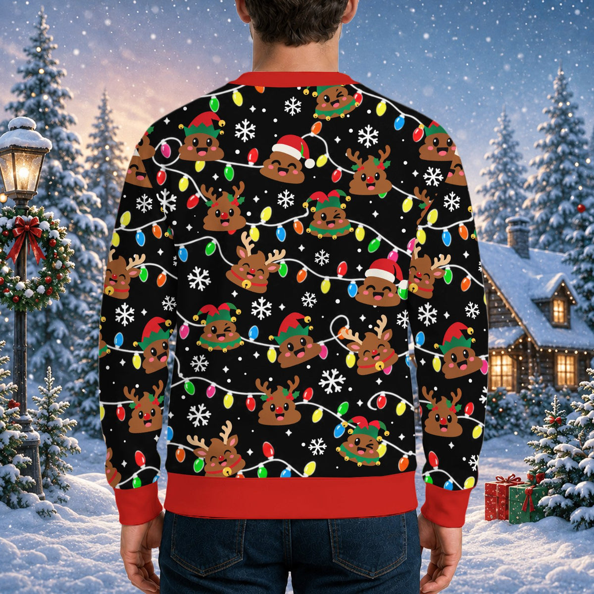 Poop emoji ugly christmas sweater, back full view