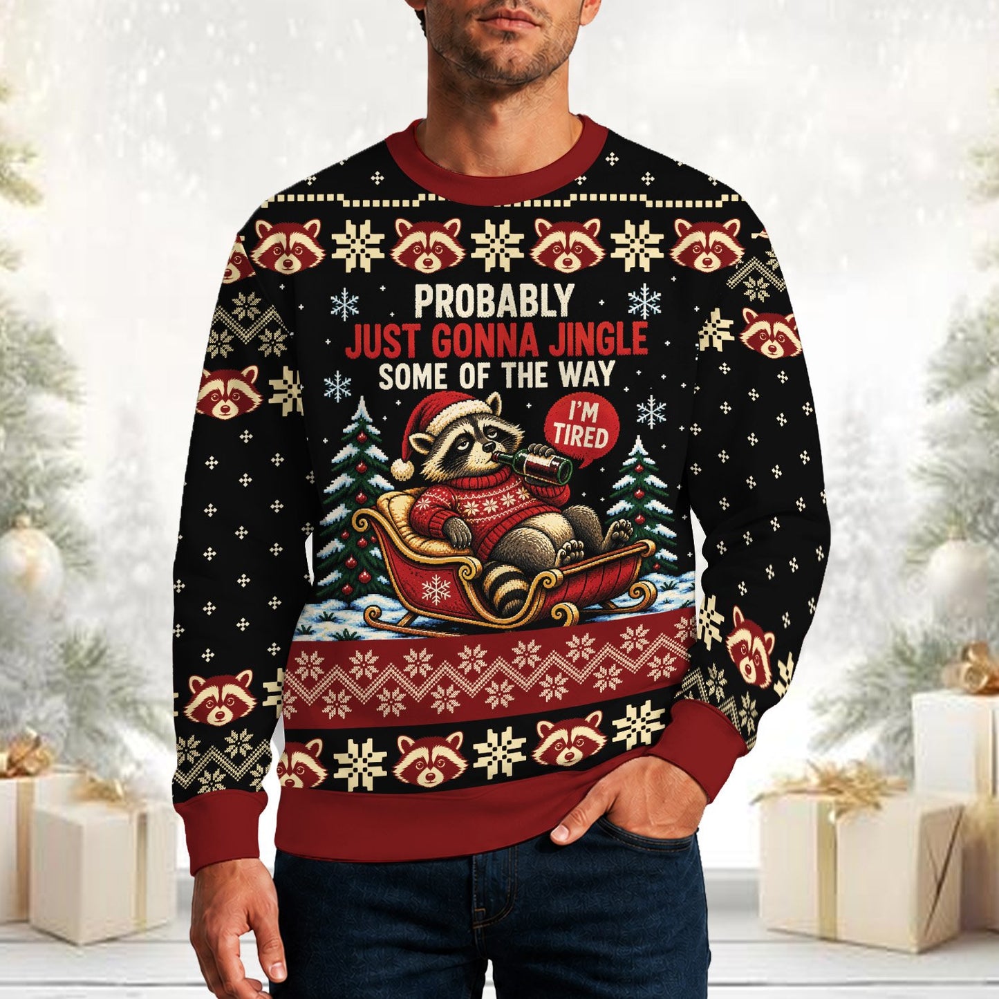 Another lifestyle view showing the holiday ugly sweater in action