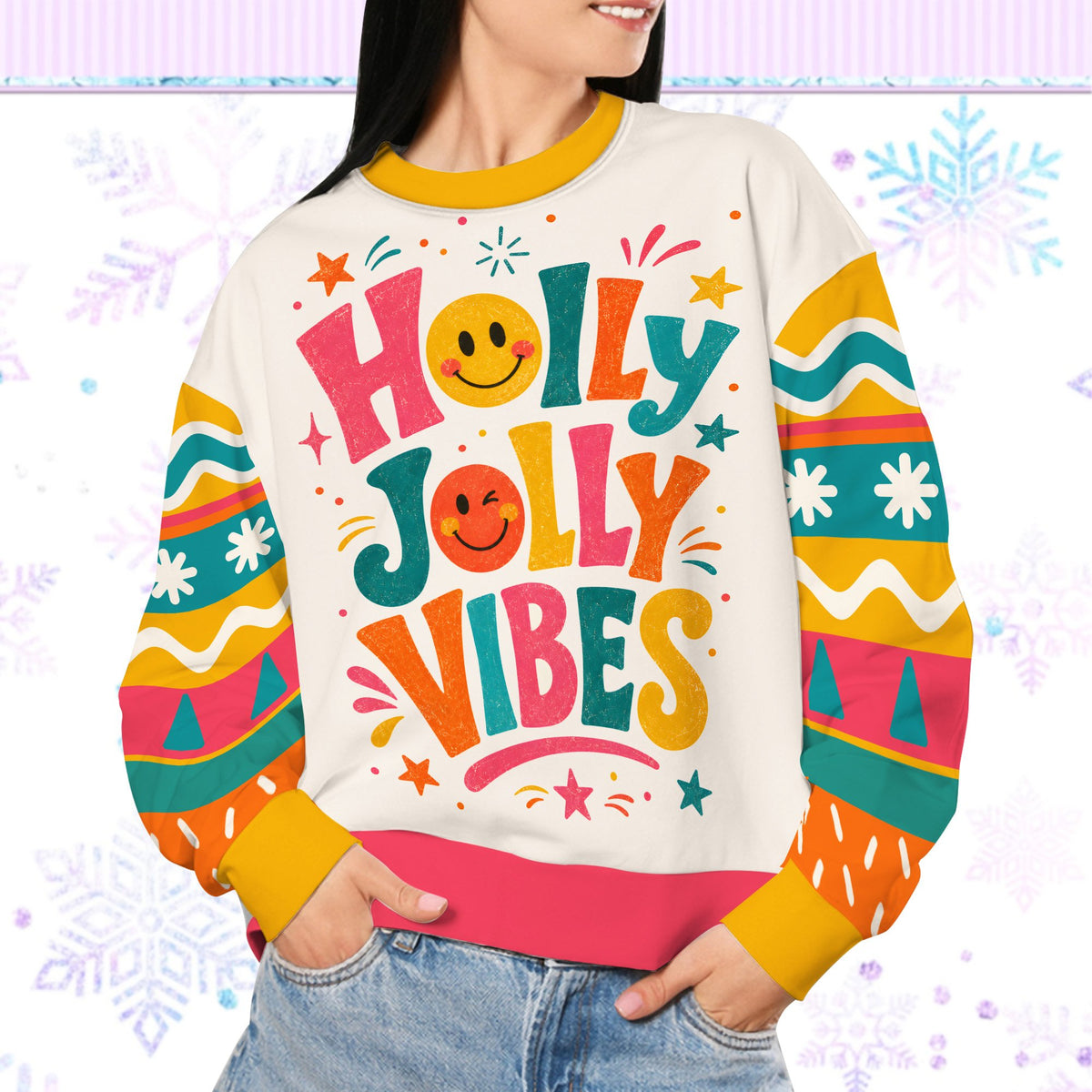 Another lifestyle shot of the ugly christmas sweater retro design on a person