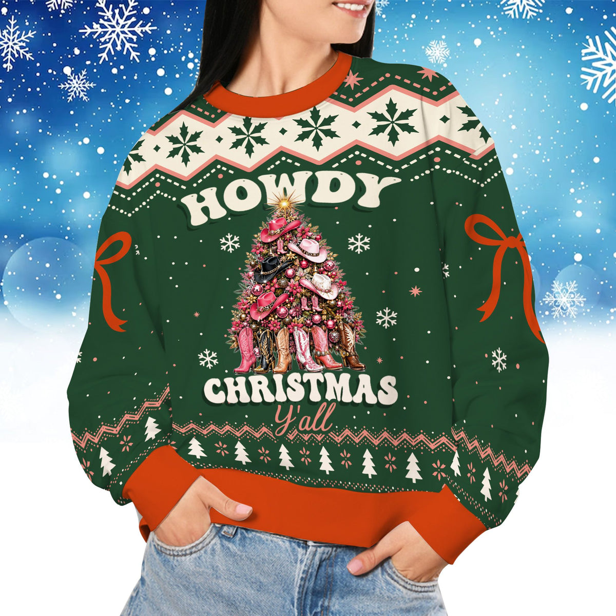 Third lifestyle view of the green western ugly sweater being worn during the holidays