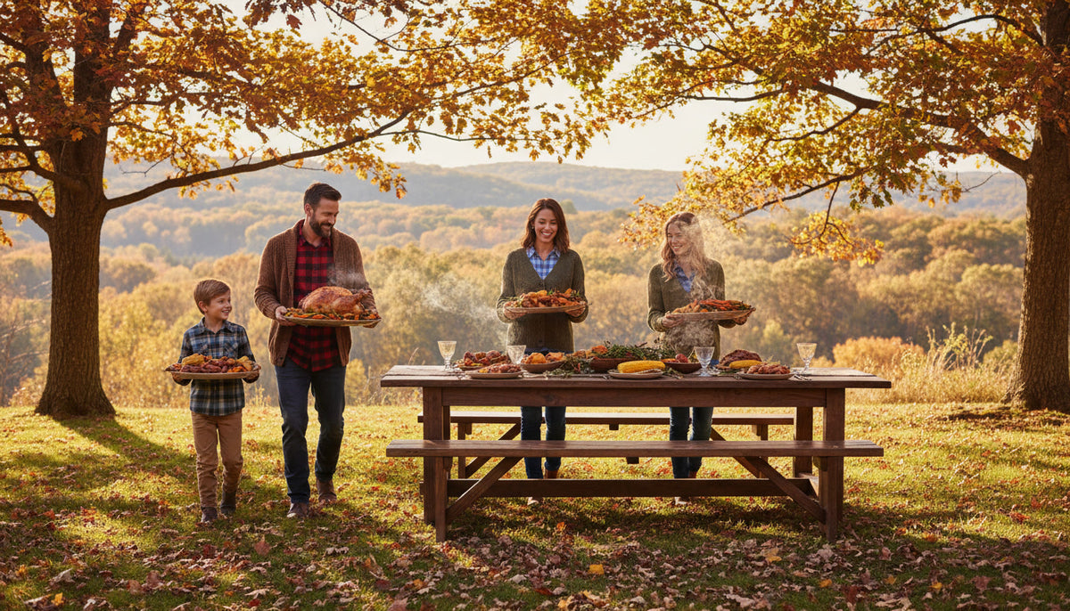 A family wearing simple plaid shirts and sweaters carries plates of food to an outdoor table on an autumn afternoon.