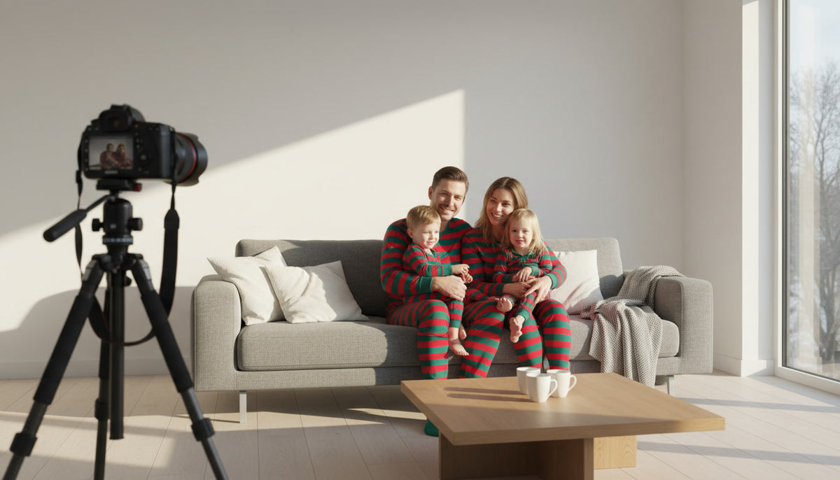 A family wearing matching striped pajamas sits on a grey couch posing for a camera on a tripod.