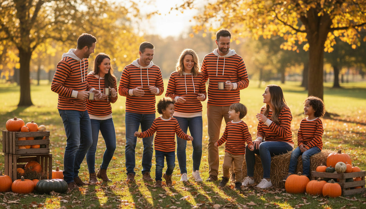 A group of friends and children in casual autumn clothing gathering outdoors near wooden crates and orange pumpkins.
