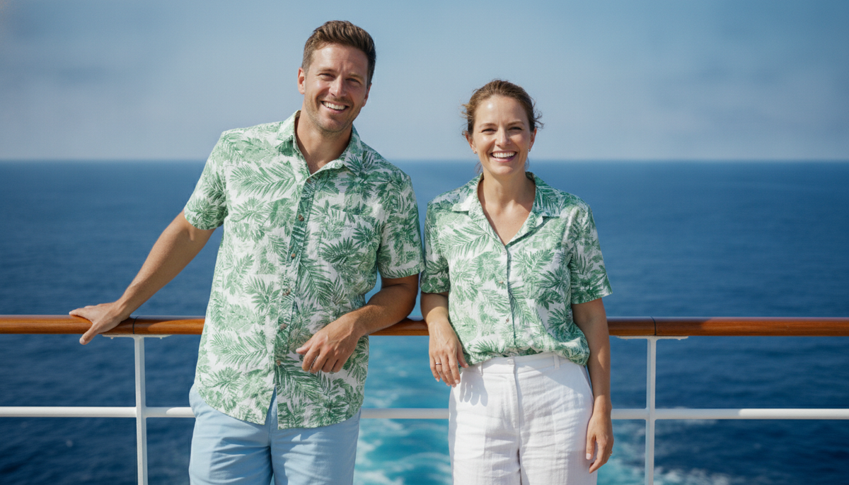 A couple wearing matching tropical leaf shirts stands on a bright cruise ship deck.