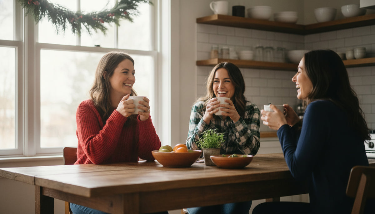 Three women wearing simple winter sweaters and plaid shirts sitting at a wooden kitchen table holding coffee mugs.