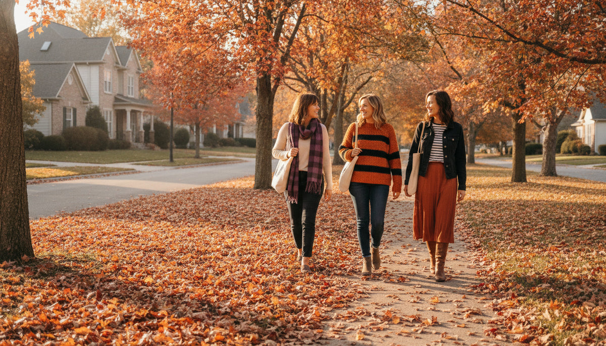 Three women walking down a suburban sidewalk wearing casual autumn clothing in October.