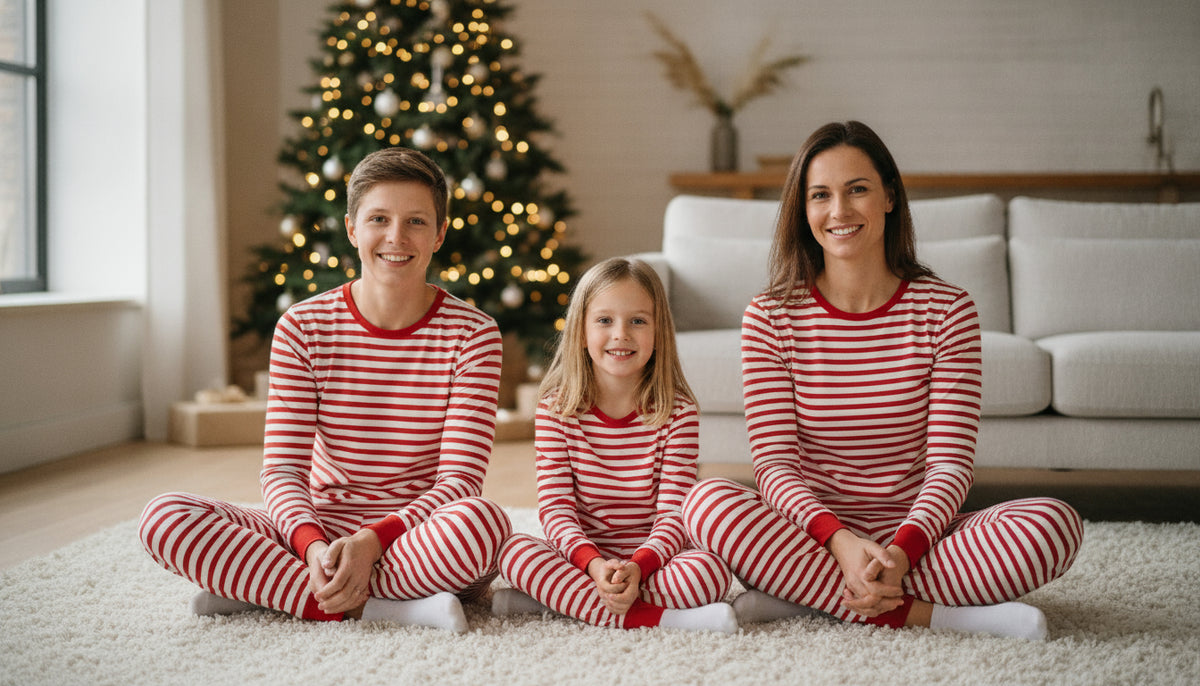 A family of four wearing matching red and white striped pajamas sitting in a living room.