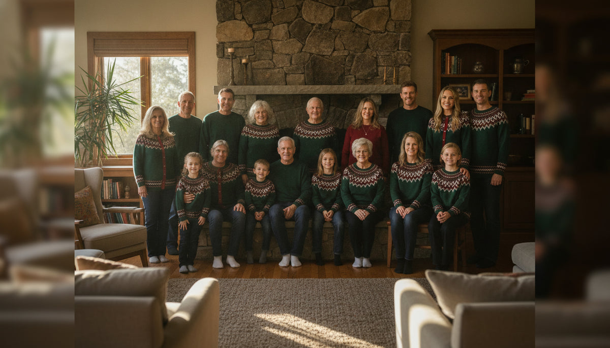 Extended family posing for a winter portrait in a living room wearing dark green and red sweaters.