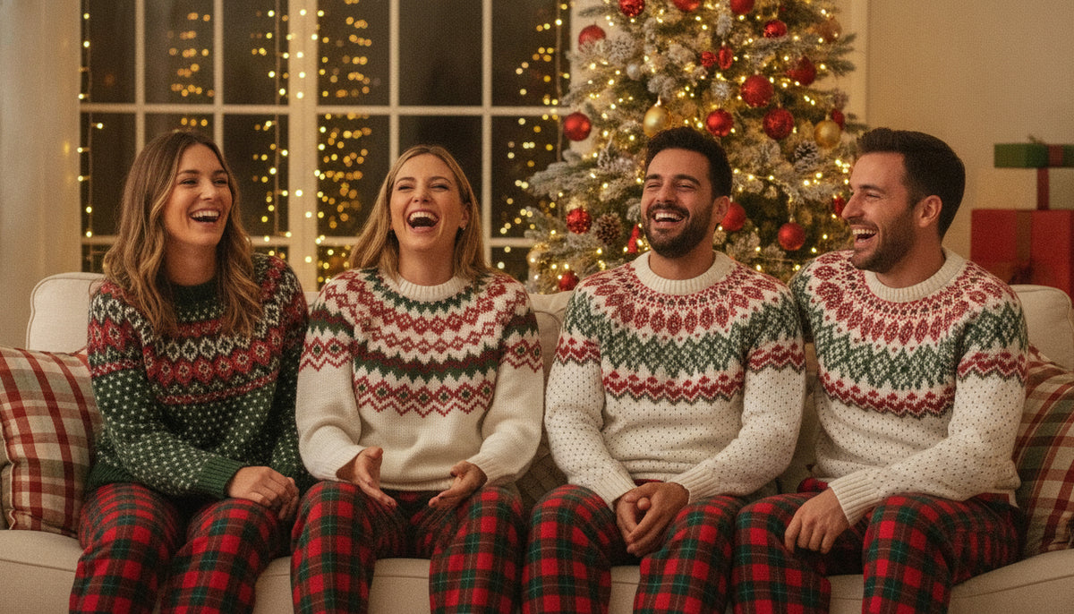 Friends laughing at a holiday party wearing generically patterned red and green knit sweaters and pajama pants.