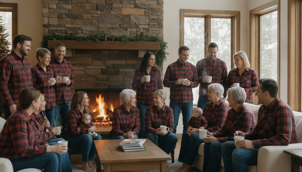 A family in matching plaid shirts standing in a living room holding coffee mugs.