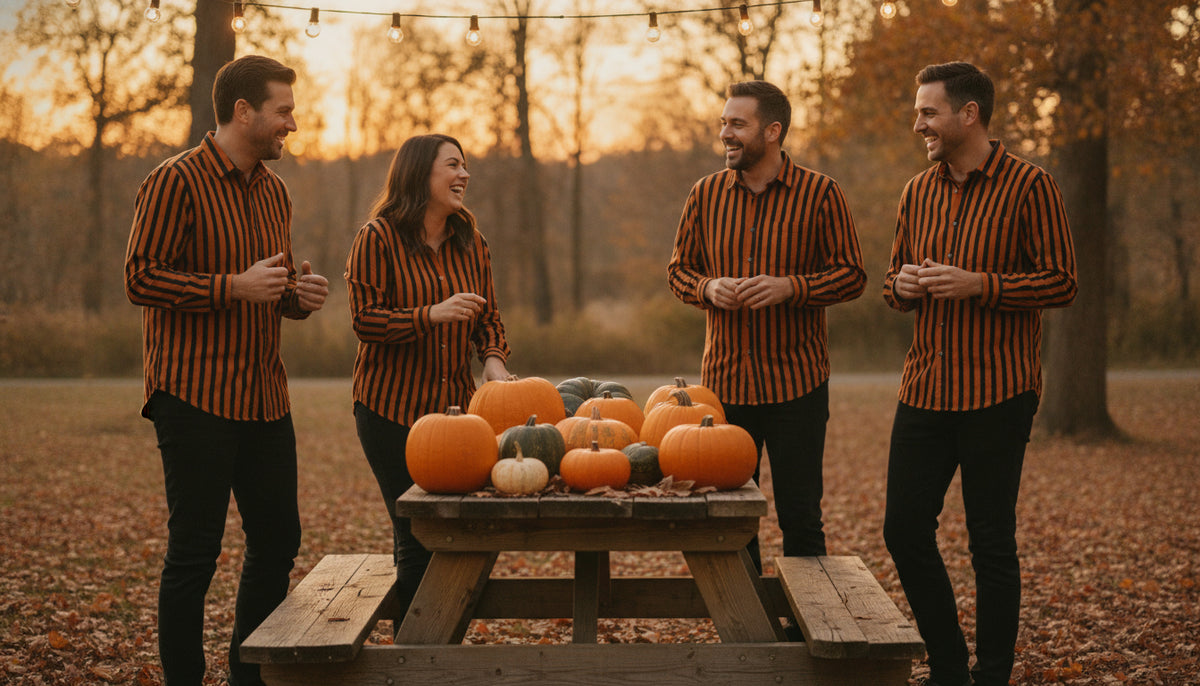 Four adults wearing matching orange and black striped shirts at an autumn outdoor gathering.