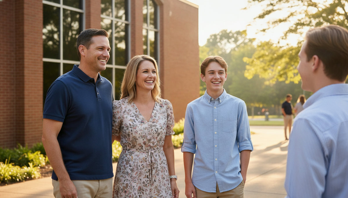 A family standing outside a brick building on a sunny morning wearing casual collared shirts and a floral dress.
