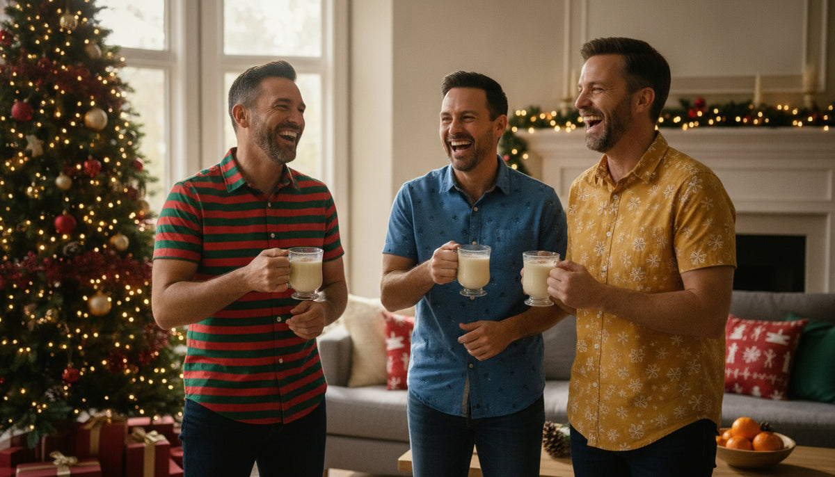 Three men laughing in a decorated living room wearing brightly colored short-sleeve holiday shirts.