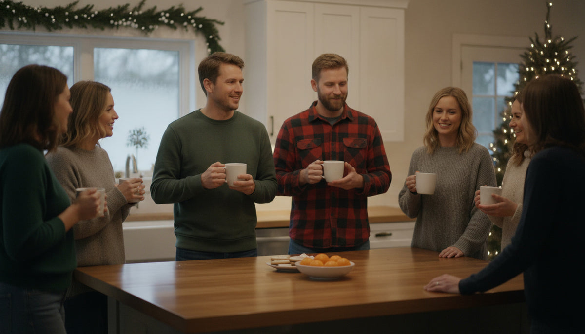 A group of adults in plain green and plaid shirts standing around a kitchen island at a casual holiday party.