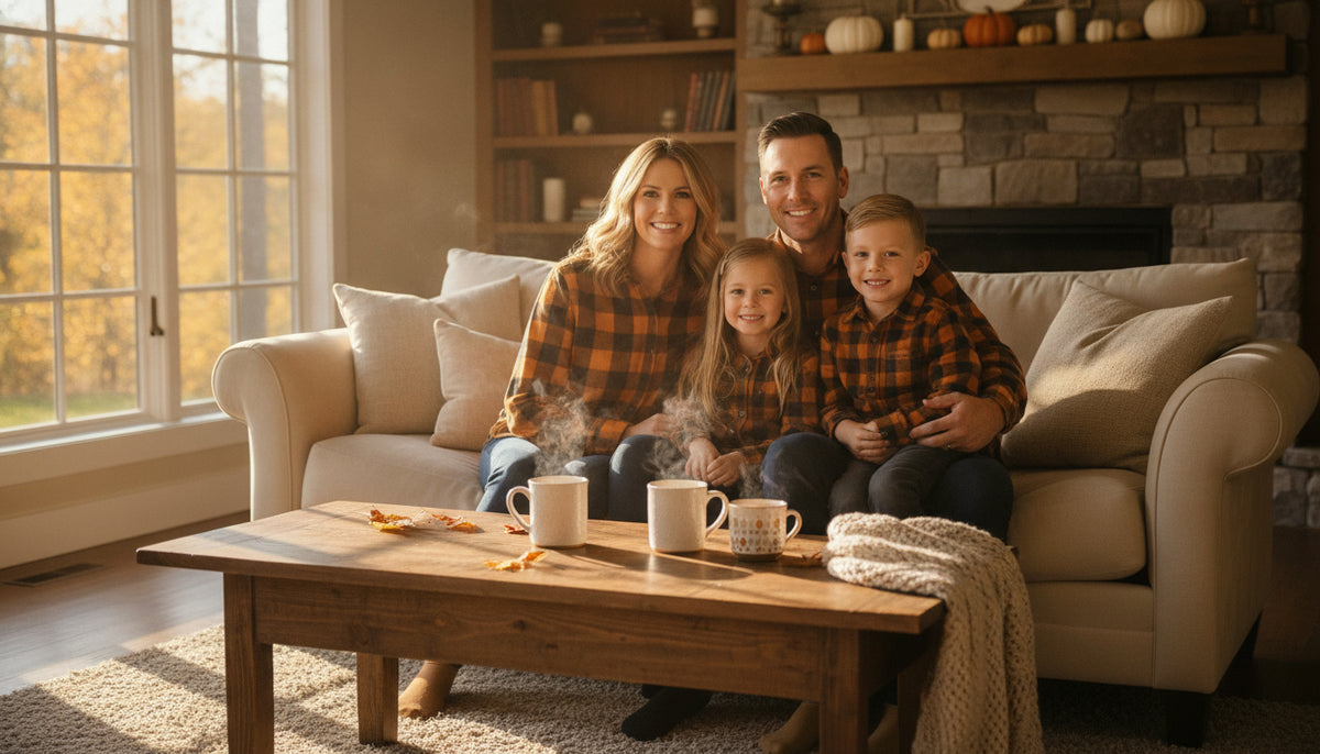 A family sitting on a couch wearing matching orange and brown plaid shirts on a bright morning.