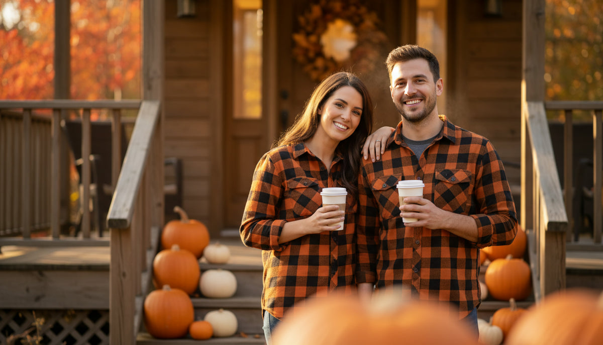 A couple wearing matching orange and black plaid shirts standing on a decorated autumn front porch holding coffee cups.