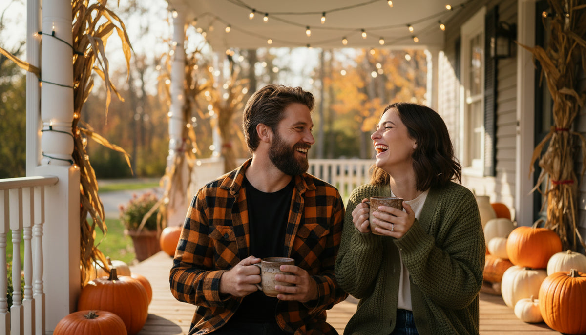 A couple wearing casual fall clothing laughs together on a front porch decorated with pumpkins.