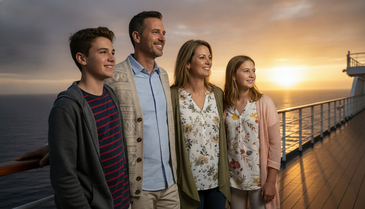 A family wearing casual patterned shirts stands on a cruise ship deck near the railing at sunset.