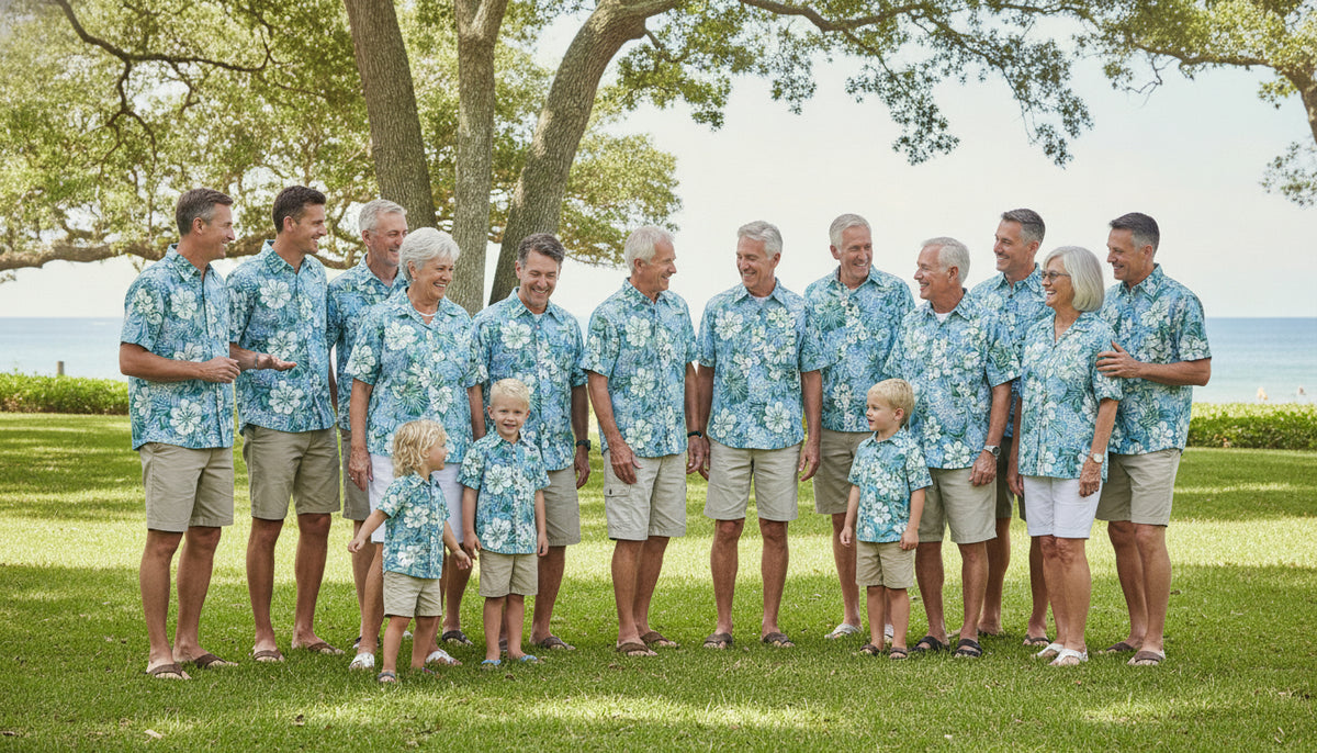 A large family standing outside on a sunny lawn wearing matching tropical shirts.