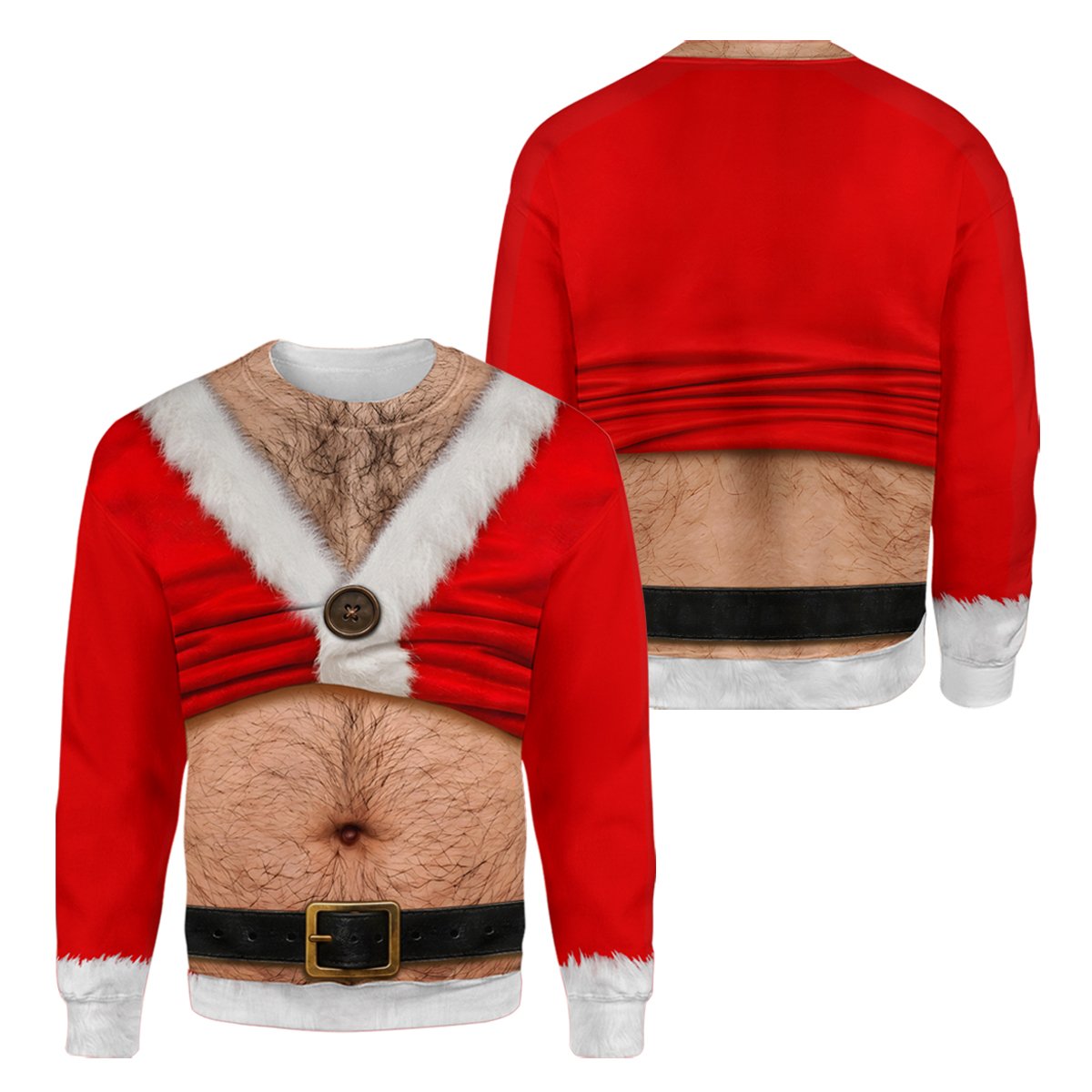 Red ugly Christmas sweater printed to look like an open Santa suit with an exposed stomach and a black belt, shown front and back