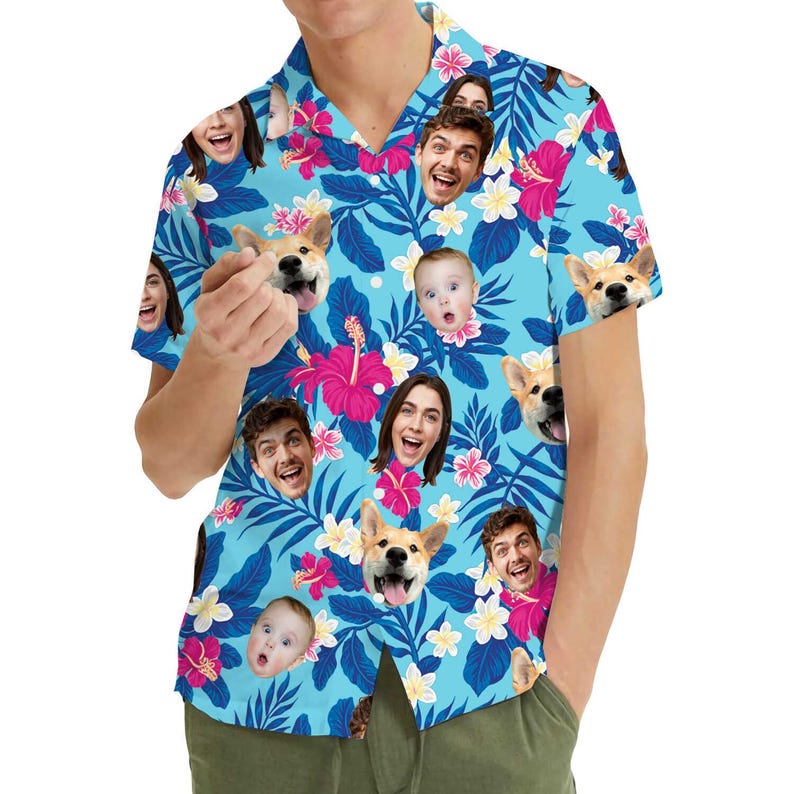 Man wearing custom face Hawaiian shirt with photo faces printed between blue hibiscus flowers