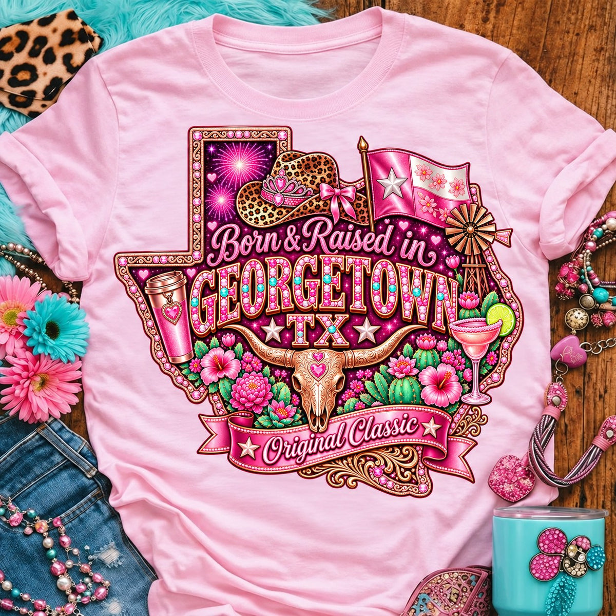 Born and Raised in Georgetown TX Original Classic t-shirt on Light Pink, pink glitter Texas with rhinestone border, leopard cowgirl hat, pink flag, windmill, longhorn skull, cactus and margarita