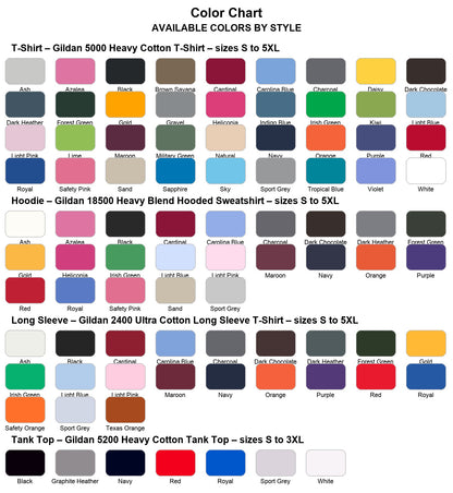 Color chart by style: Gildan 5000 tee, 18500 hoodie, 2400 long sleeve, 5200 tank