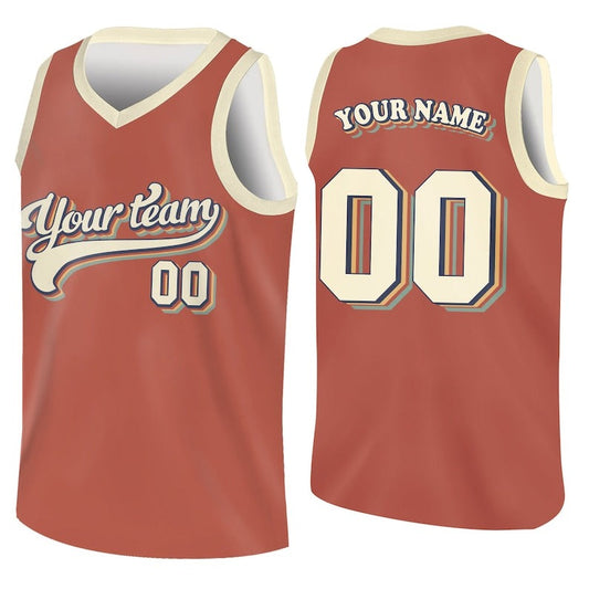 Custom basketball jersey in rust red with team name on the front and name and number on the back