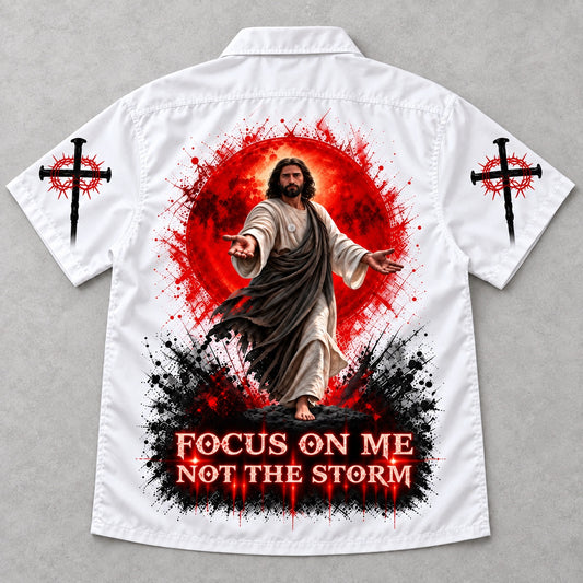 Focus On Me Not The Storm Hawaiian shirt, white camp collar shirt with Jesus reaching out from a red halo and crown-of-thorns cross sleeves, back print flat lay