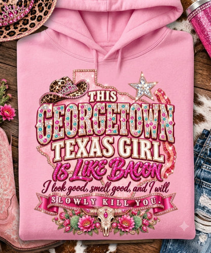 This Georgetown Texas Girl Is Like Bacon T-Shirt hoodie mockup on Light Pink