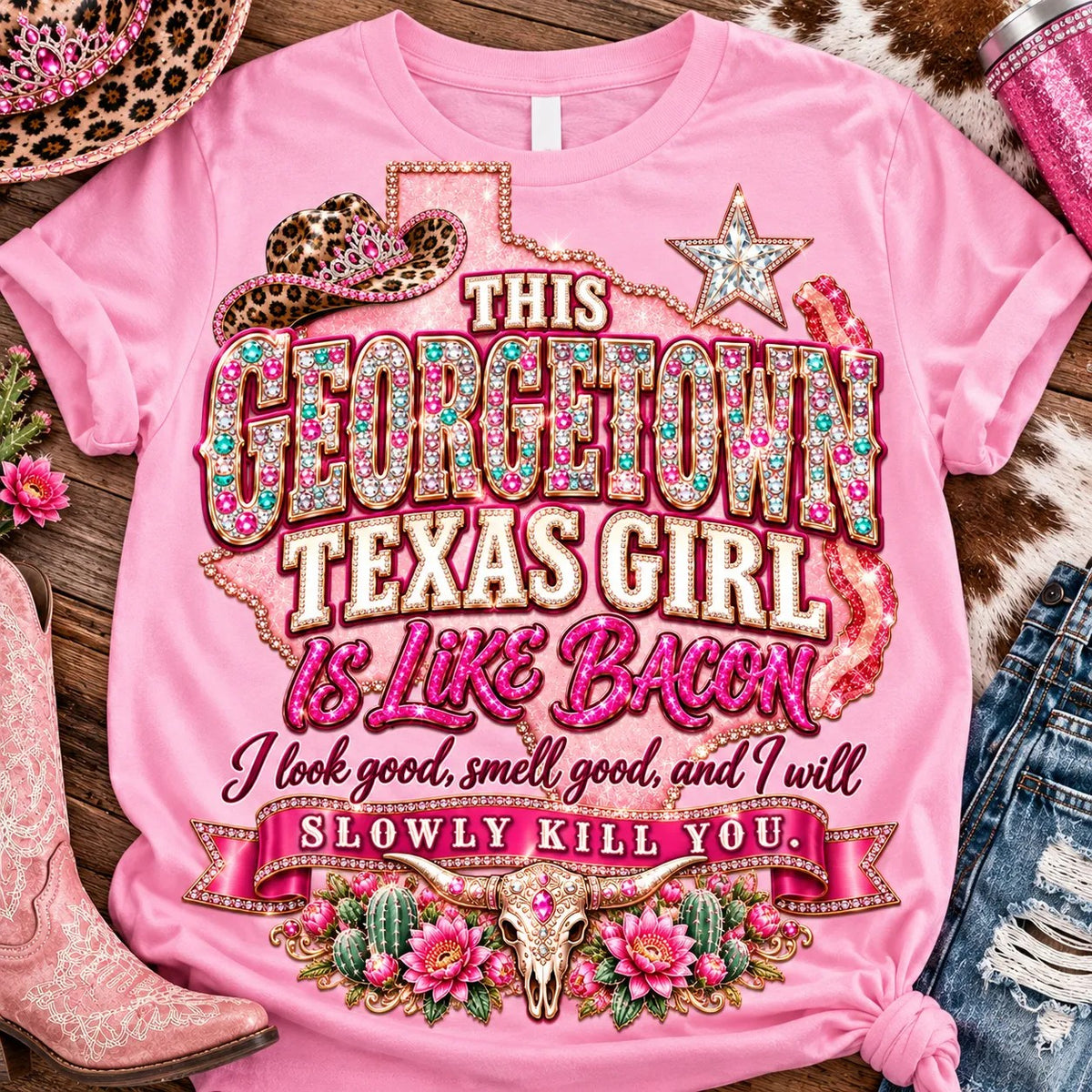 This Georgetown Texas Girl Is Like Bacon t-shirt, pink rhinestone lettering, leopard cowgirl hat, Texas star, bacon and longhorn design on Light Pink