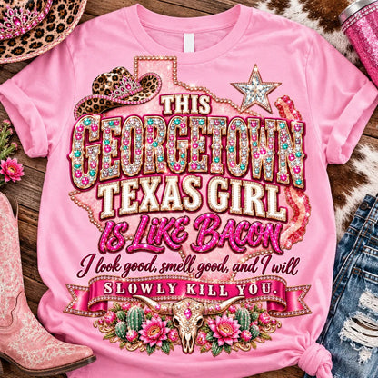 This Georgetown Texas Girl Is Like Bacon t-shirt, pink rhinestone lettering, leopard cowgirl hat, Texas star, bacon and longhorn design on Light Pink