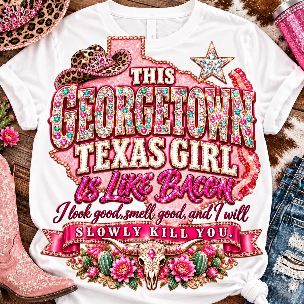 This Georgetown Texas Girl Is Like Bacon T-Shirt t-shirt mockup on White