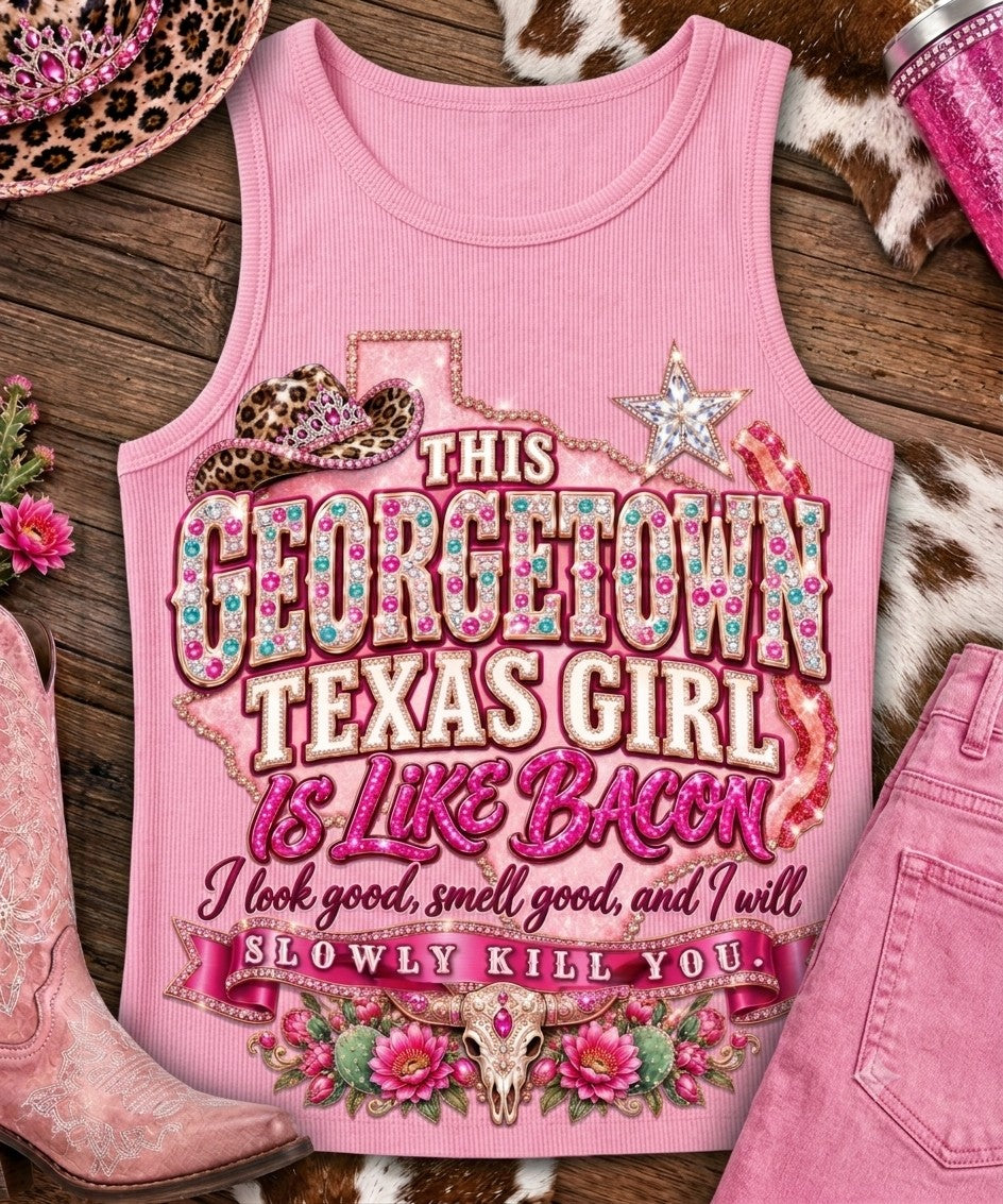 This Georgetown Texas Girl Is Like Bacon T-Shirt tank top mockup on Light Pink