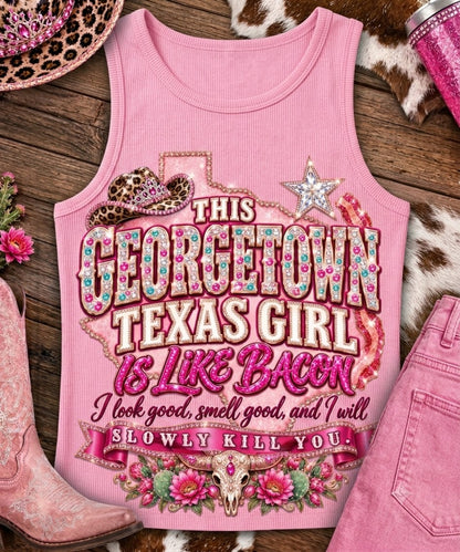 This Georgetown Texas Girl Is Like Bacon T-Shirt tank top mockup on Light Pink