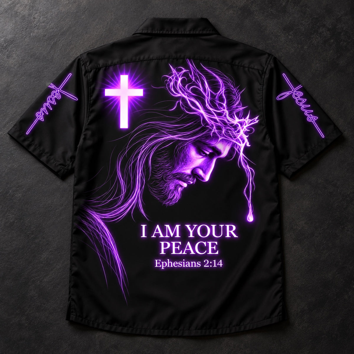 Flat lay of the I Am Your Peace Ephesians 2:14 Hawaiian shirt showing the full purple neon Jesus back print