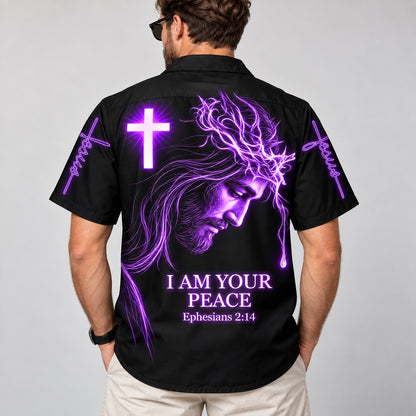 I Am Your Peace Hawaiian shirt, black camp collar shirt with purple neon Jesus portrait, glowing cross and Jesus script on the sleeves, back view on a man