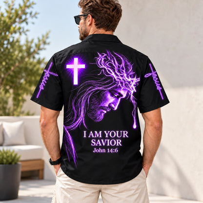 Back view of the I Am Your Savior Hawaiian shirt with neon Jesus script crosses on both sleeves