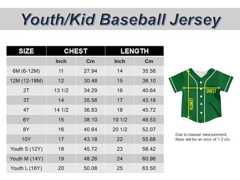 Youth and kid baseball jersey size chart in inches and centimeters