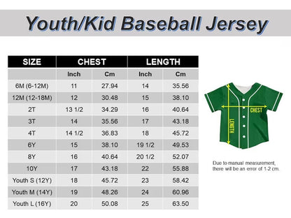 Youth and kid baseball jersey size chart in inches and centimeters