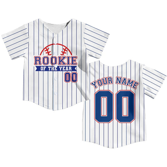 Rookie of the Year kid pinstripe baseball jersey front and back with custom name and number