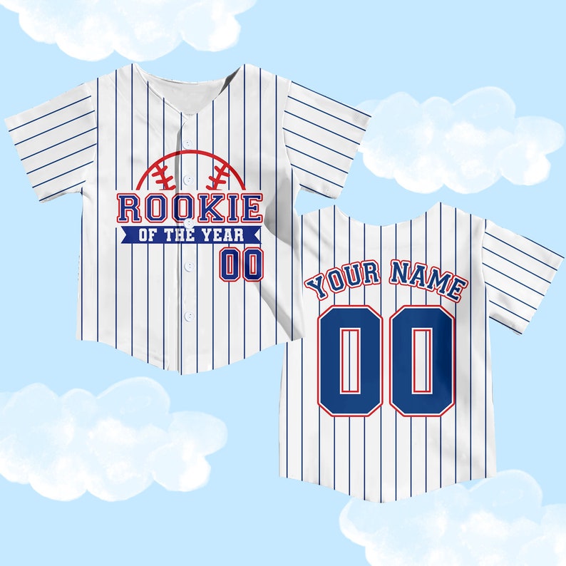 Rookie of the Year baby baseball jersey with custom name and number on a sky background