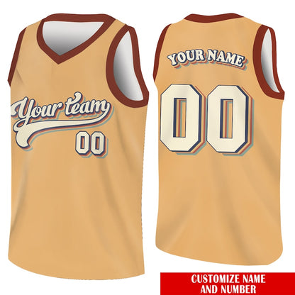 Custom basketball jersey in tan with team name and number, front and back