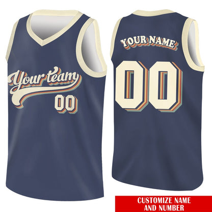 Custom basketball jersey in navy with team name and number, front and back
