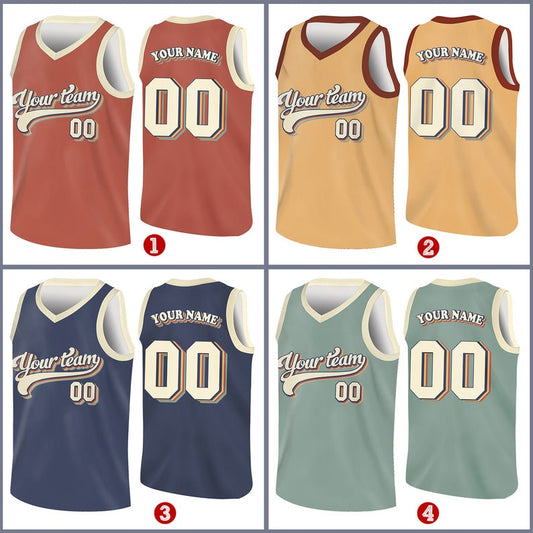 Custom basketball jerseys in four retro colorways: rust, tan, navy and sage