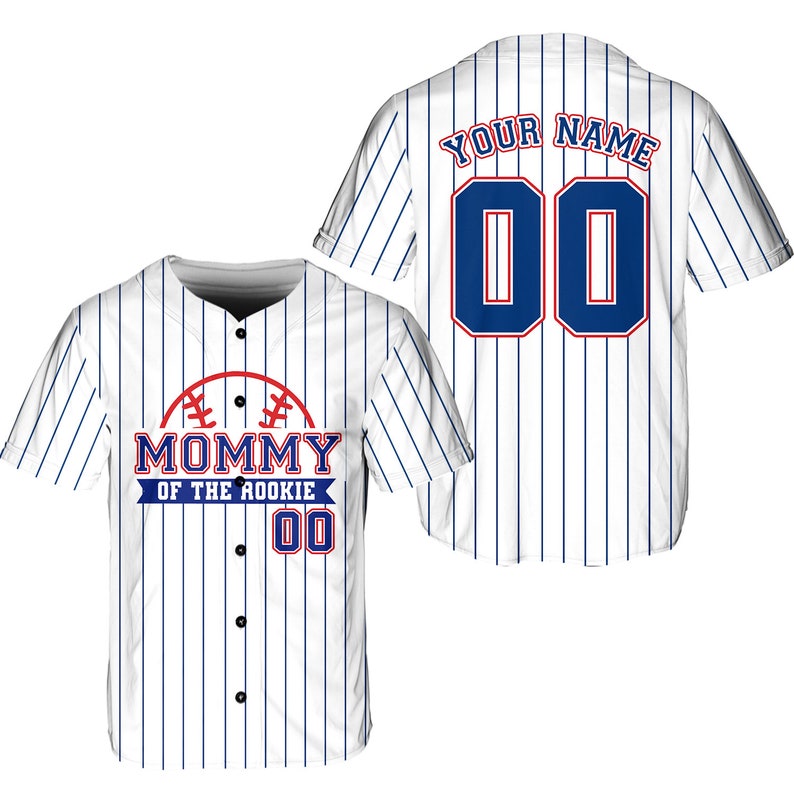 Mommy of the Rookie pinstripe baseball jersey front and back with custom name and number
