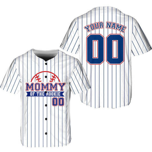 Mommy of the Rookie pinstripe baseball jersey front and back with custom name and number