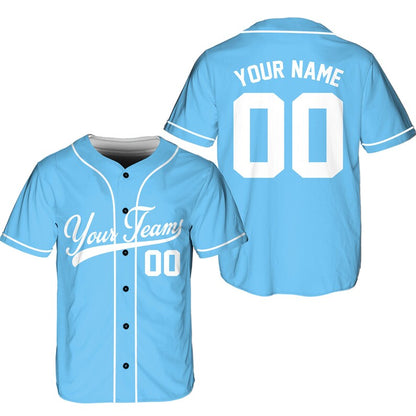 Custom light blue baseball jersey with team name and number, front and back