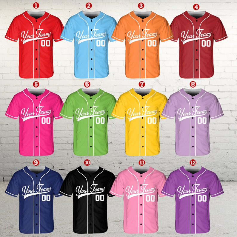 Custom baseball jerseys in 12 color options with team name and number